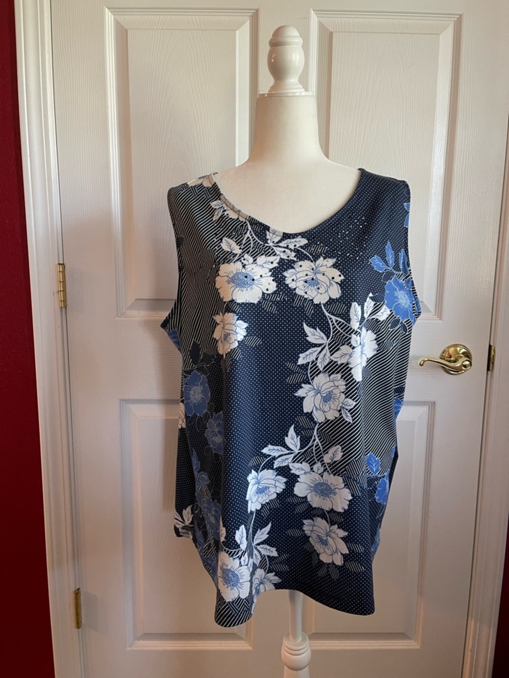 Catherines Navy Floral Print Sleeveless Blouse with Blue and White Flowers